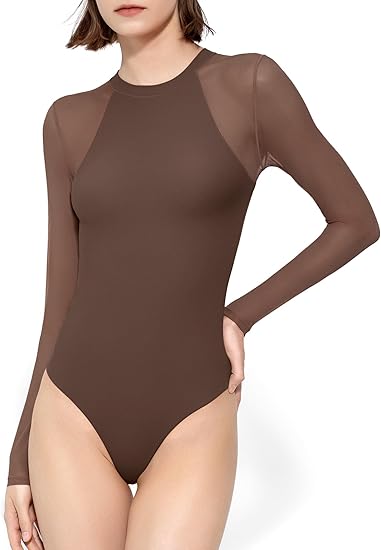 Mesh Long Sleeve Bodysuit for Women Crew Neck Body Suits Sexy Sheer Tops Smoke Cloud Collection