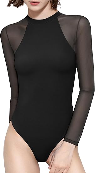 Mesh Long Sleeve Bodysuit for Women Crew Neck Body Suits Sexy Sheer Tops Smoke Cloud Collection