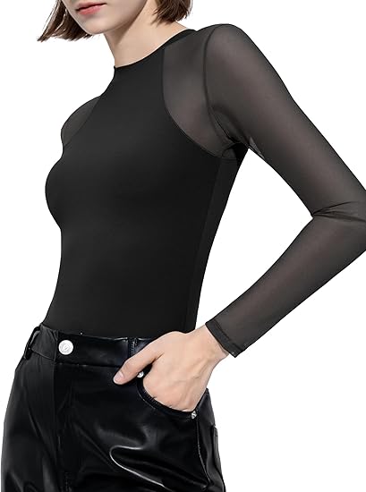 Mesh Long Sleeve Bodysuit for Women Crew Neck Body Suits Sexy Sheer Tops Smoke Cloud Collection