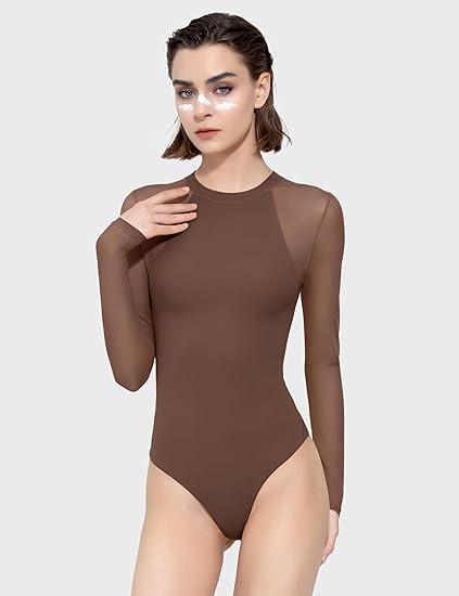 Mesh Long Sleeve Bodysuit for Women Crew Neck Body Suits Sexy Sheer Tops Smoke Cloud Collection